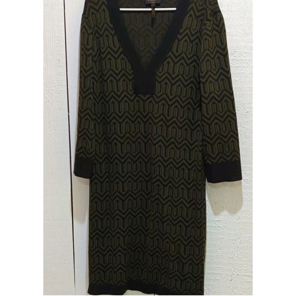 Laundry by Shelli Segal Women’s Green/Black Geometric Knit V-Neck Dress L